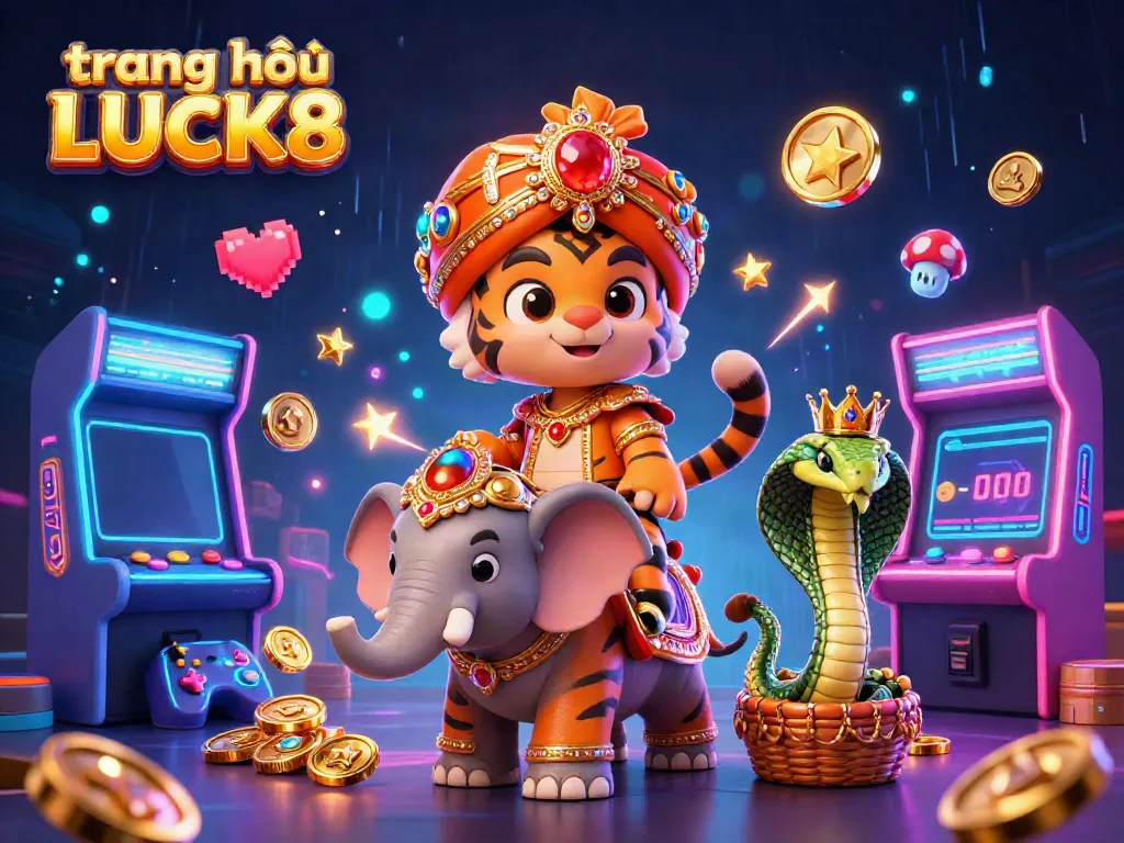 Engaging scene of the trang chủ LUCK8 featuring a maharaja tiger with an elephant amidst vibrant gaming elements.