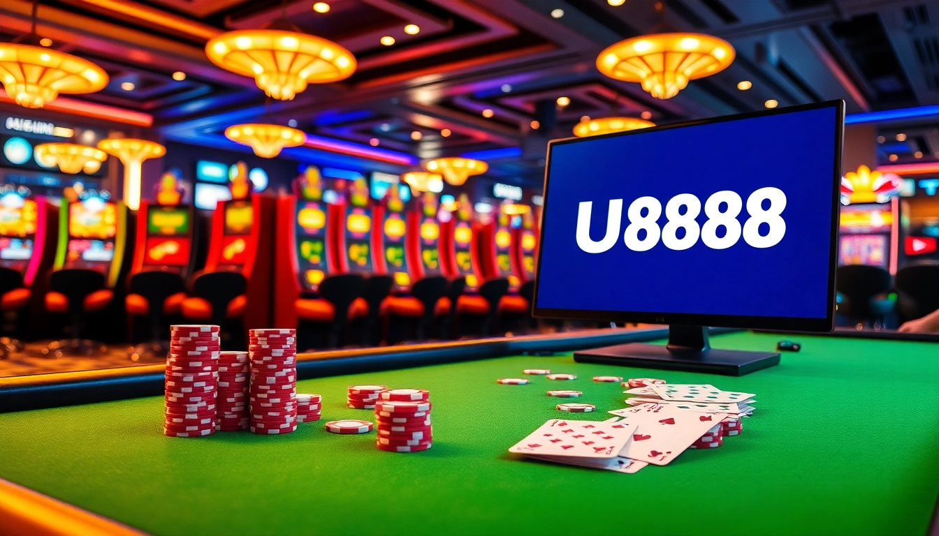 Experience the excitement of gambling at U8888 with vibrant casino tables and colorful slot machines.