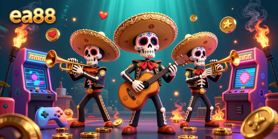 Capture exciting videogame moments with ea88's vibrant casino-themed 3D illustration featuring mariachi skeletons.