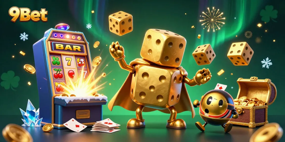 Experience thrilling gameplay with 9Bet's massive golden dice in a dynamic casino illustration.