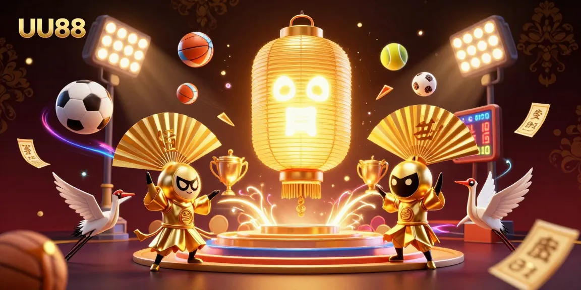 Join the thrilling action at UU88 casino with dynamic sports elements and a glowing golden lantern spirit.