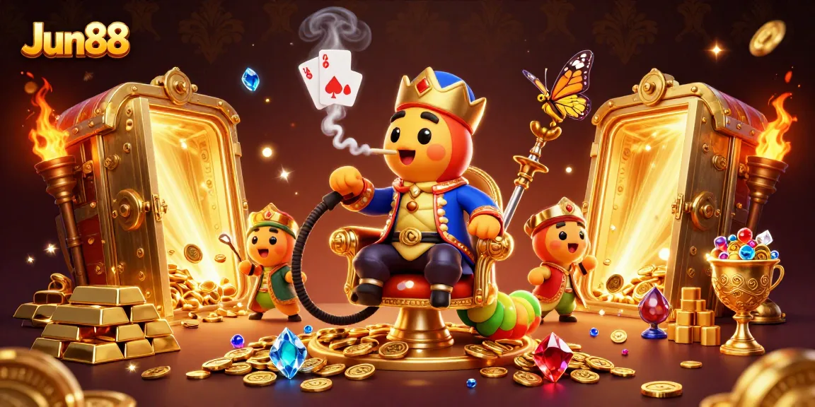 Jun88 Casino's vibrant 3D scene features a whimsical sultan caterpillar amidst treasure and poker symbols.