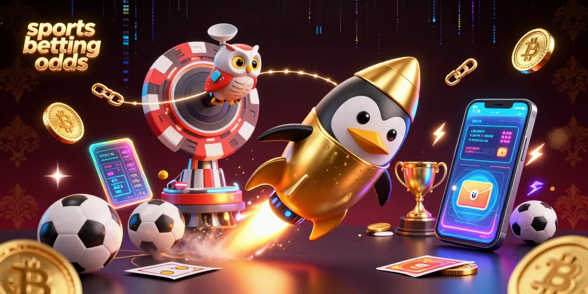Explore sports betting odds with a golden penguin, sports elements, and vibrant crypto around.