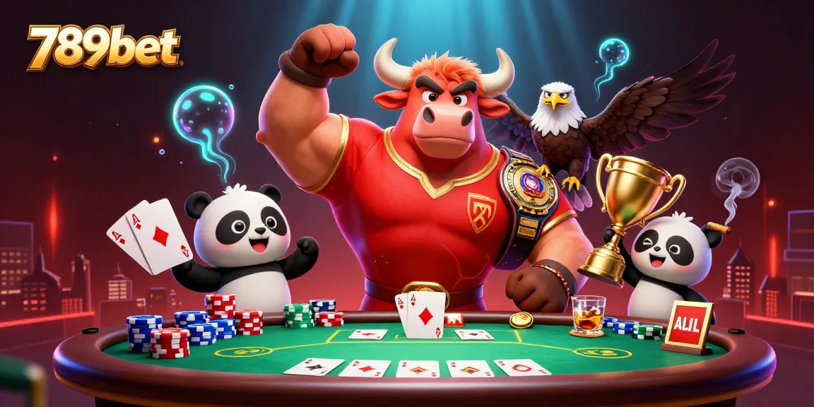 Engage with the vibrant 789bet casino scene featuring a muscular bull mascot and friends celebrating victory.