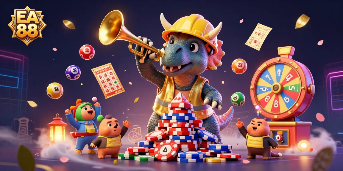 Experience the excitement of EA 88 as a triceratops builds a poker chip pyramid amidst vibrant gambling elements.